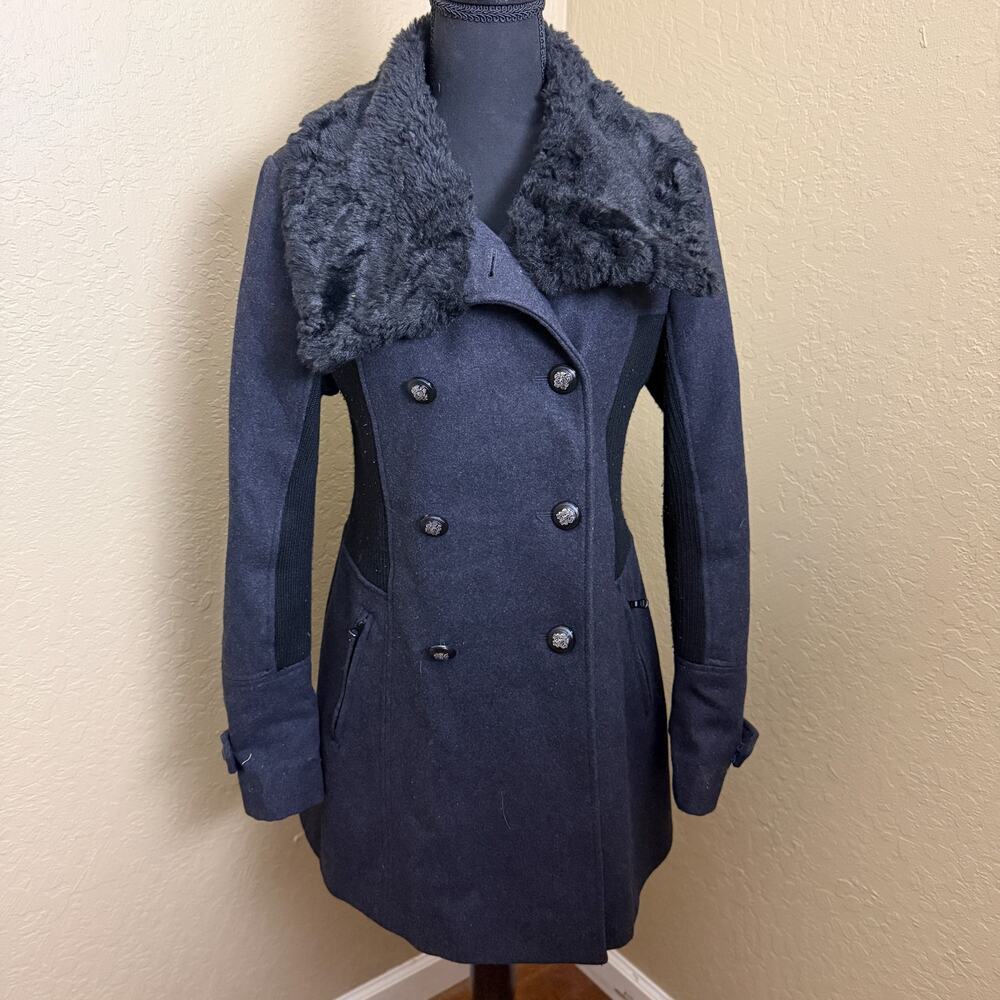 Guess Charcoal Wool Blend Peacoat Faux Fur Collar Double Breasted Coat